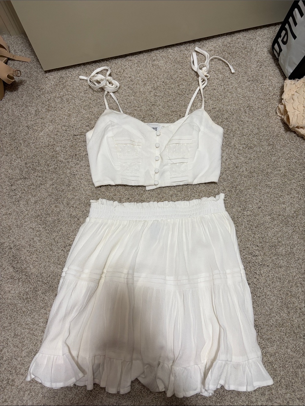 Princess Polly White Two-Piece Ruffled Crop Top & Skirt Set - Picture 1 of 3